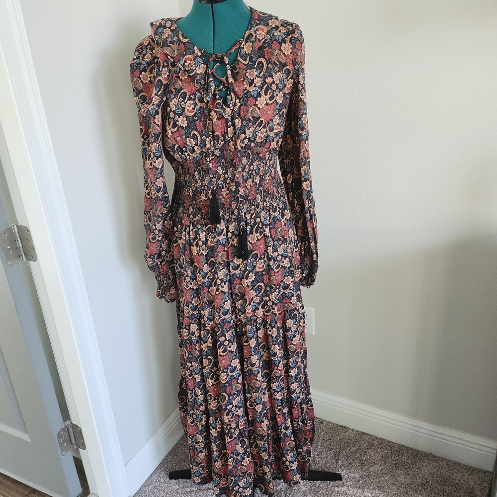 Rock & Roll Womens Maxi Dress Sz Large Smocked Waist Country Western Cottagecore